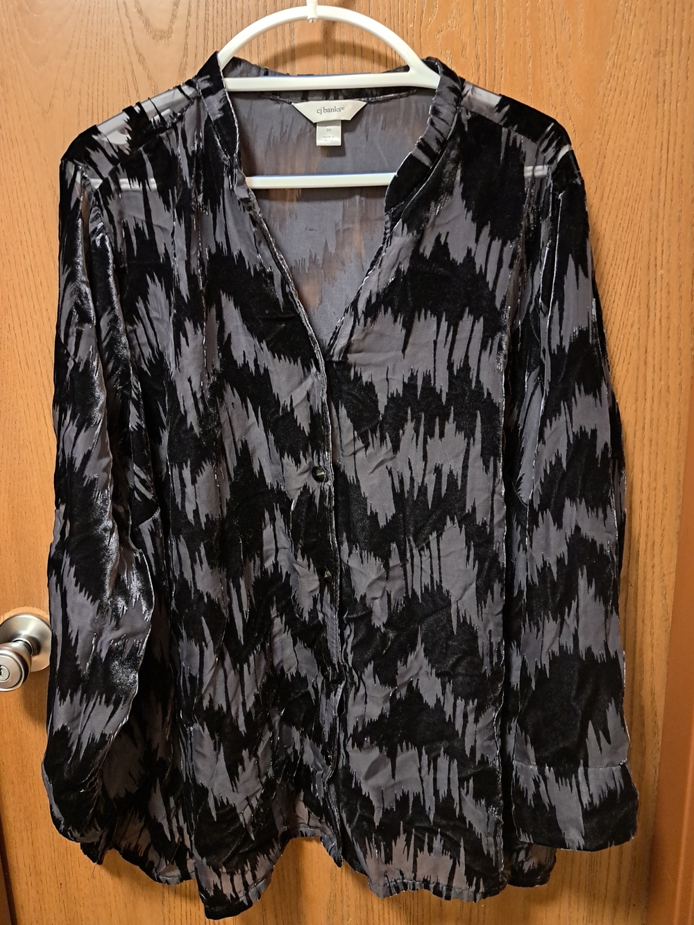 CJ Banks Black and Gray Velvet-Accent Blouse